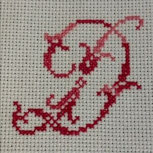 Cross Stitch Monogram D pink variegated thread completed
